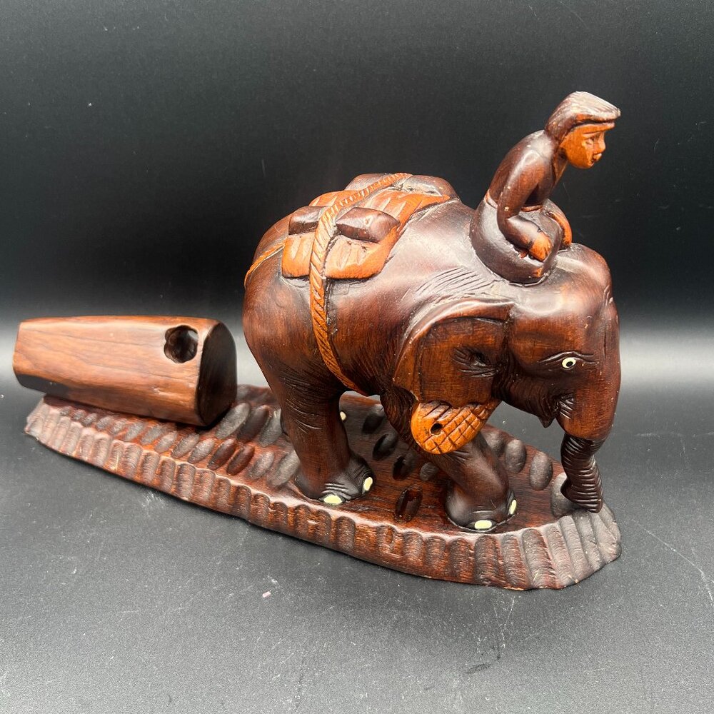 Vintage 1950s Wooden Hand-Carved Man on an Elephant Pulling a Log Figurine